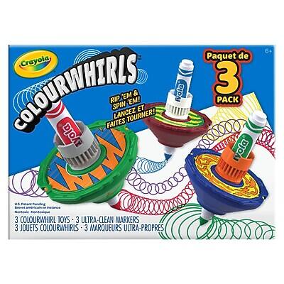 Crayola Colourwhirls  
Rud 'em & Spin 'em!  
Sans Eau!  
Faites Tourner!  

Paquet de 3  
Pack of 3  

3 Colourwhirl Toys - 3 Ultra-Clean Markers  
3 Jouets Colourwhirls - 3 Marqueurs Ultra-Purs  

6+