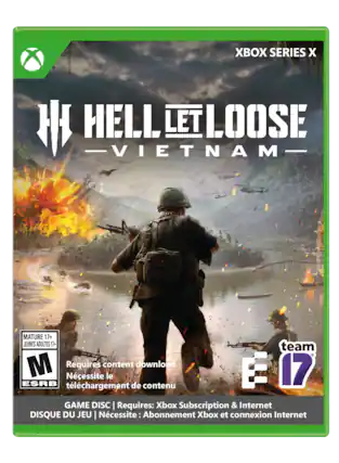 X SERIES X H HELL LET LOOSE VIETNAM MATURE 17+ JEUNES ADULTES 17+ team M Requires content download ESRB tlchargement Ncessite le de contenu E 17 GAME DISC I Requires: Xbox Subscription & Internet DISQUE DU JEU I Ncessite Abonnement Xbox et connexion Internet - RP (Rating Pending)