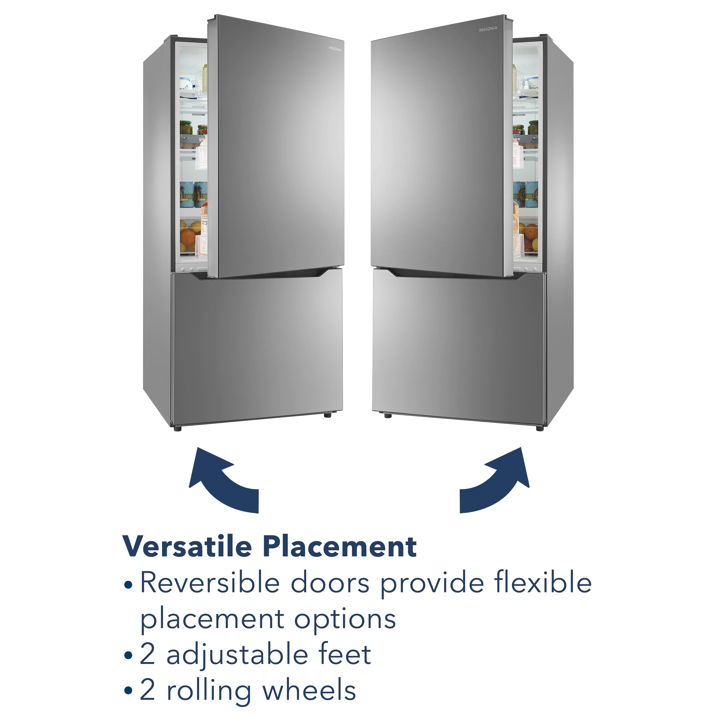 Versatile Placement Reversible doors provide flexible placement options. 2 adjustable feet. 2 rolling wheels.