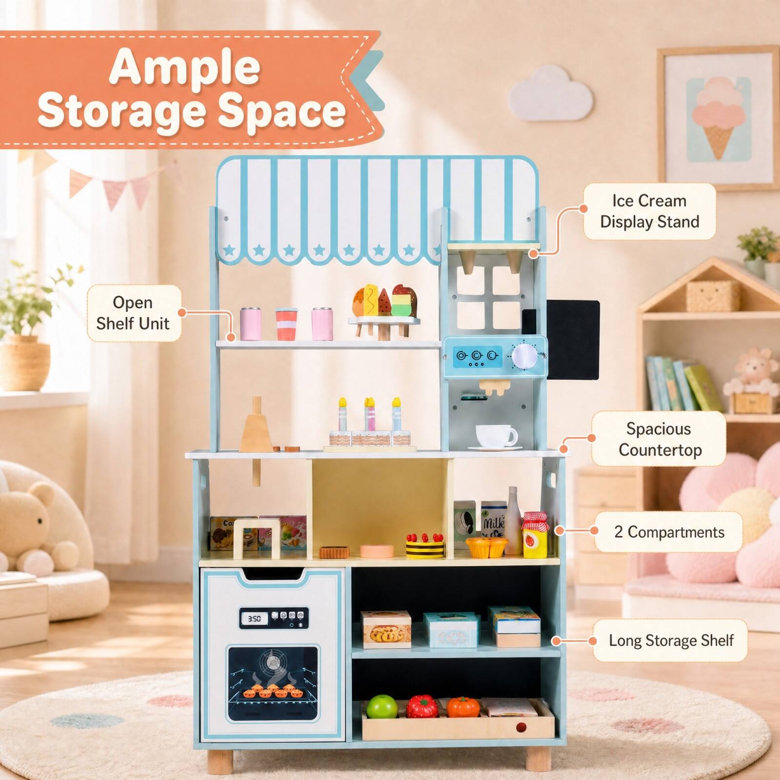 Ample Storage Space

- Ice Cream Display Stand
- Open Shelf Unit
- Spacious Countertop
- 2 Compartments
- Long Storage Shelf
