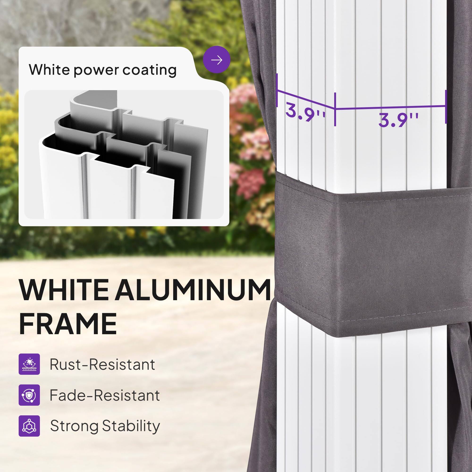 White power coating

WHITE ALUMINUM FRAME

- Rust-Resistant
- Fade-Resistant
- Strong Stability

3.9" 3.9"
