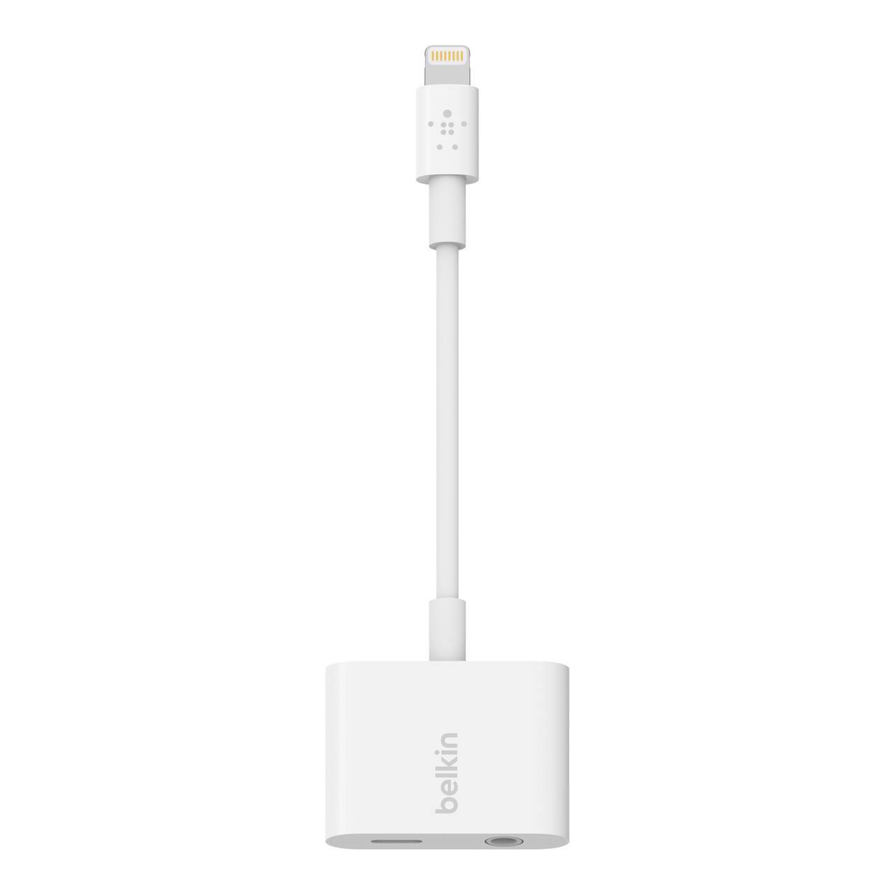 Left. Belkin - RockStar Lightning to 3.5mm Audio Cable + Audio Charger Splitter, 2-in-1 Aux iPhone Headphone and Charger Adapter - White.