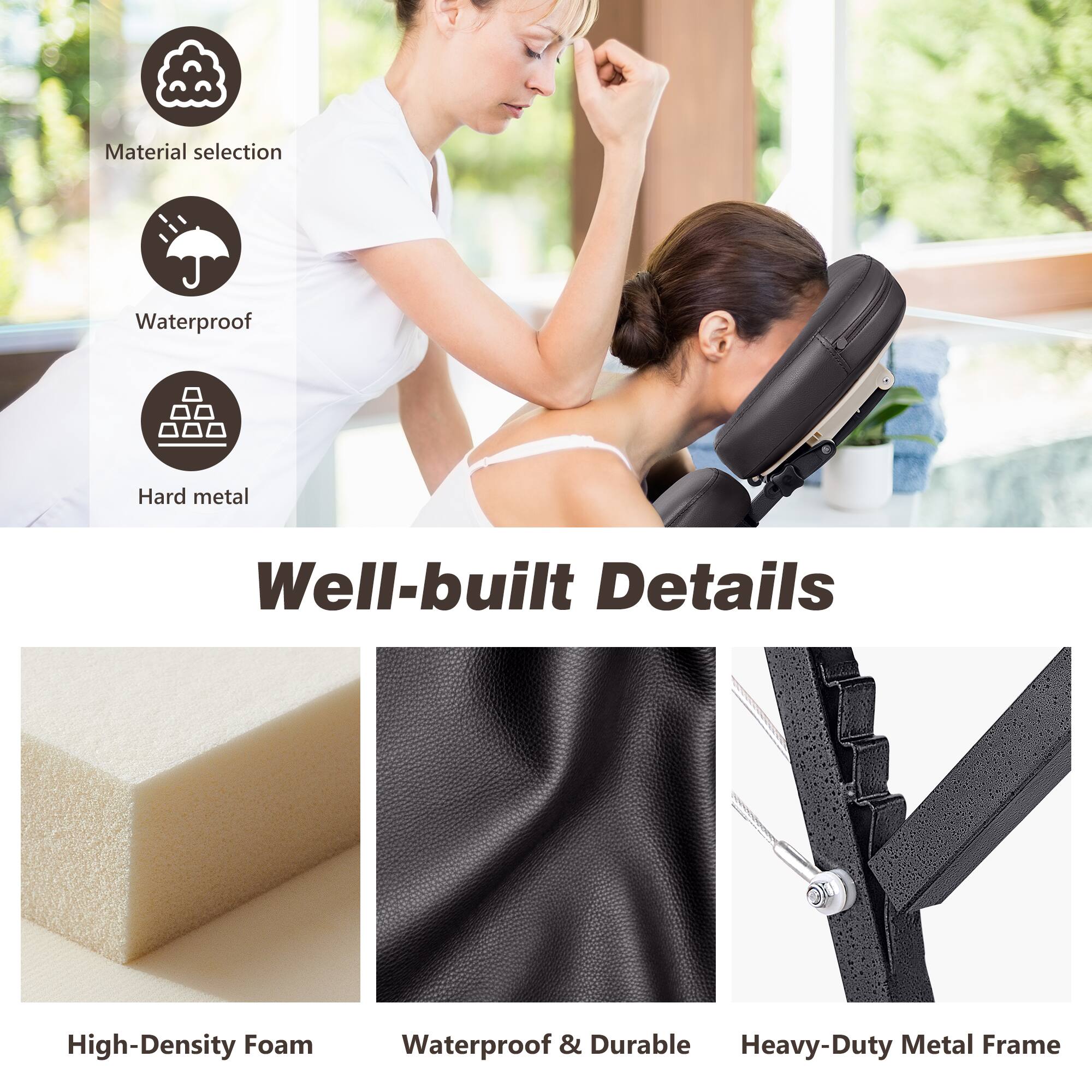 Material selection, Waterproof, Hard metal, Well-built Details, High-Density Foam, Waterproof & Durable, Heavy-Duty Metal Frame