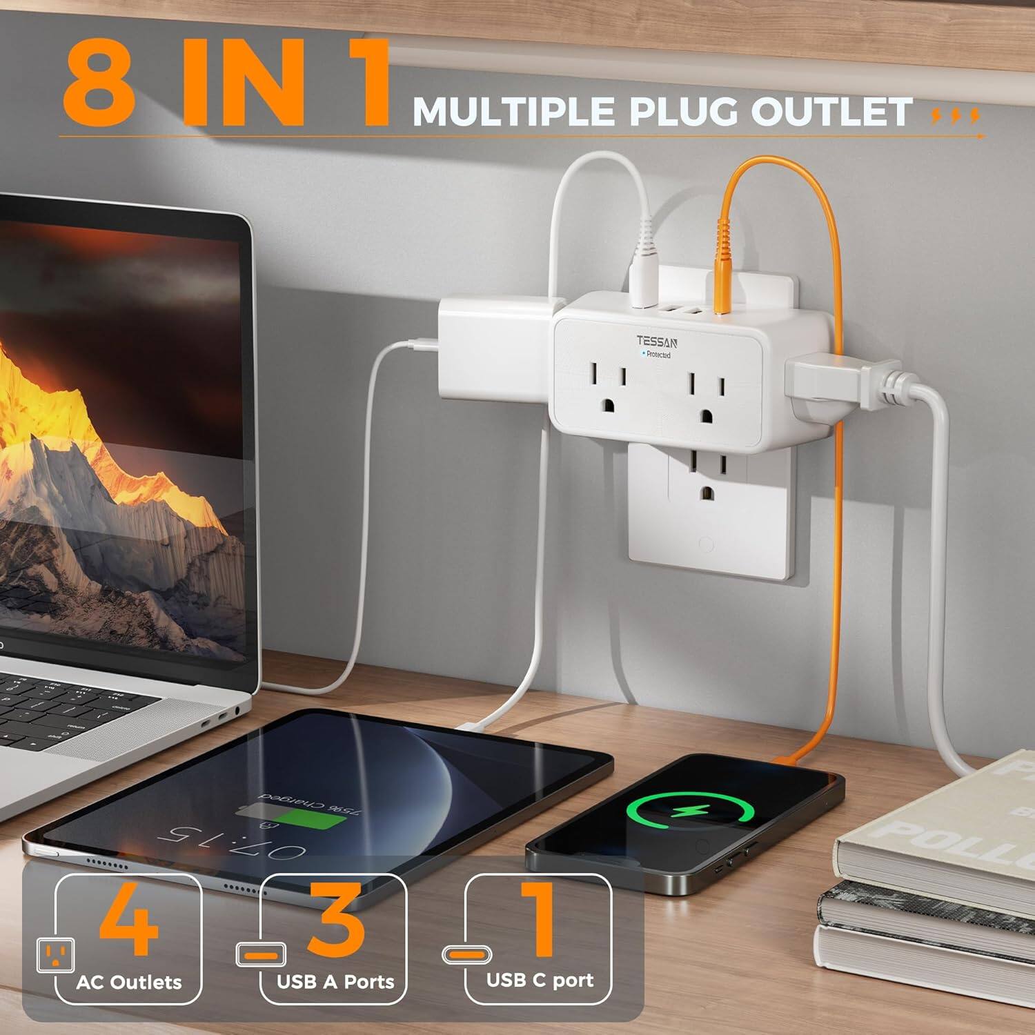 8 IN 1 MULTIPLE PLUG OUTLET  
TESSAN  
4 AC Outlets  
3 USB A Ports  
1 USB C port