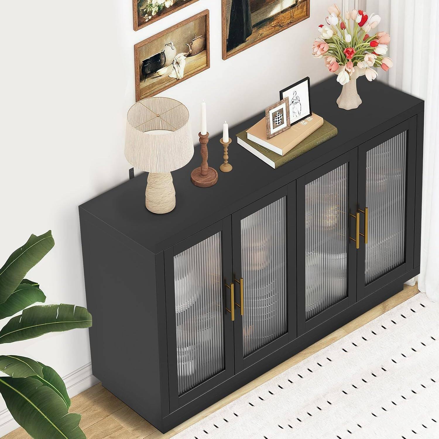 Alt View 2. GARVEE - 55.1in Sideboard Buffet Cabinet with Storage, Large Sideboard Kitchen Cabinet with Doors and Adjustable Shelves - Black.