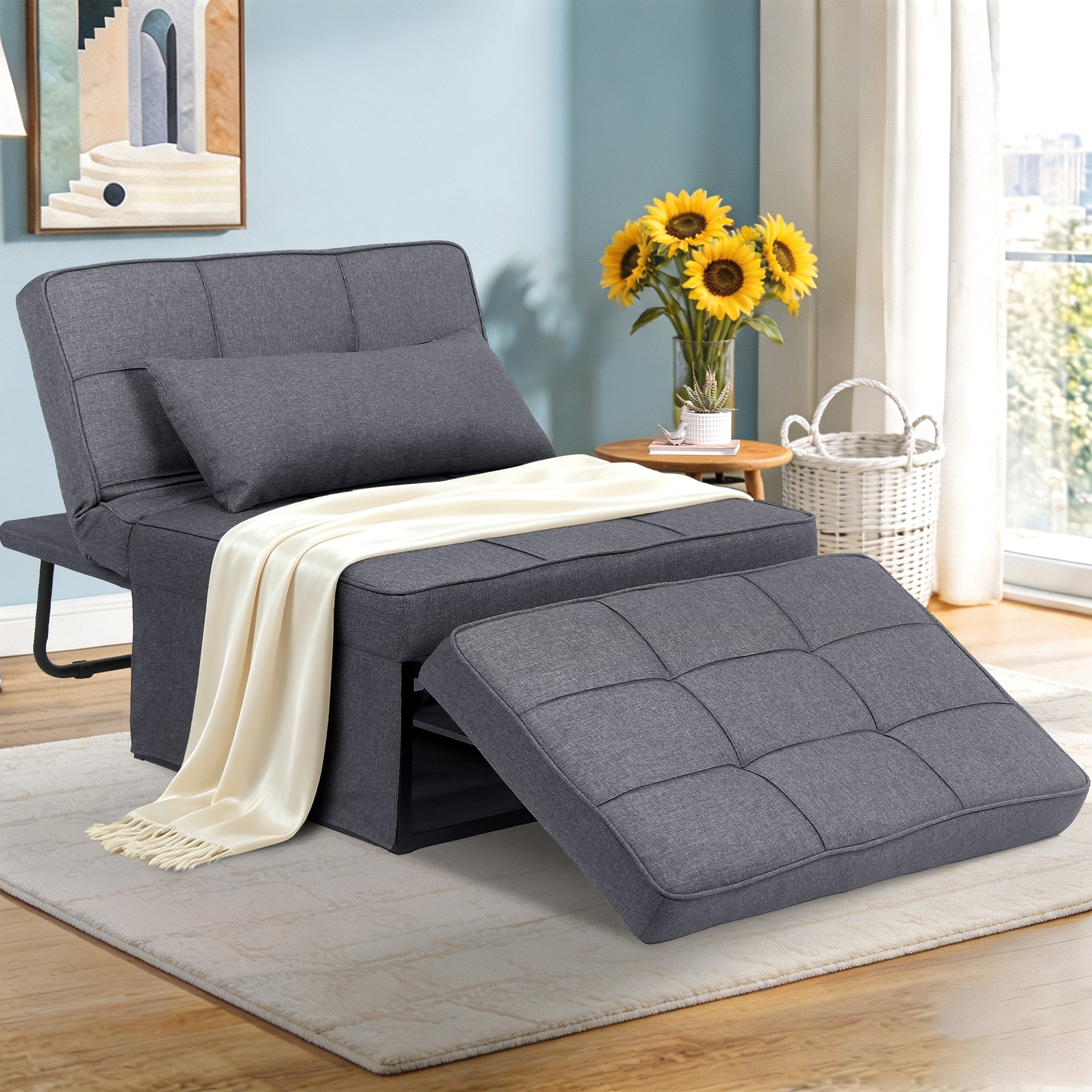 Ainfox - Convertible Sofa Sleeper Bed, 4 in 1 Multi-Function Folding Ottoman Bed with Adjustable Backrest, Modern Futon Couch - light brown