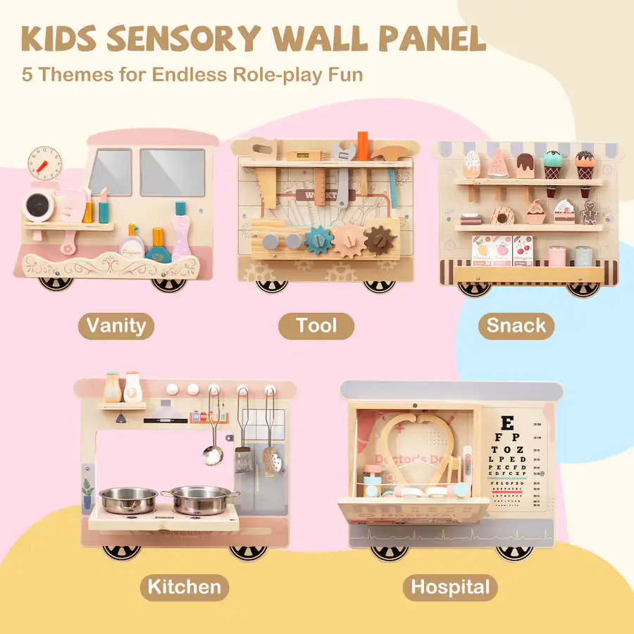Gymax Wooden Sensory Wall Panel for Kids w/ Vanity Tool Box Play ...