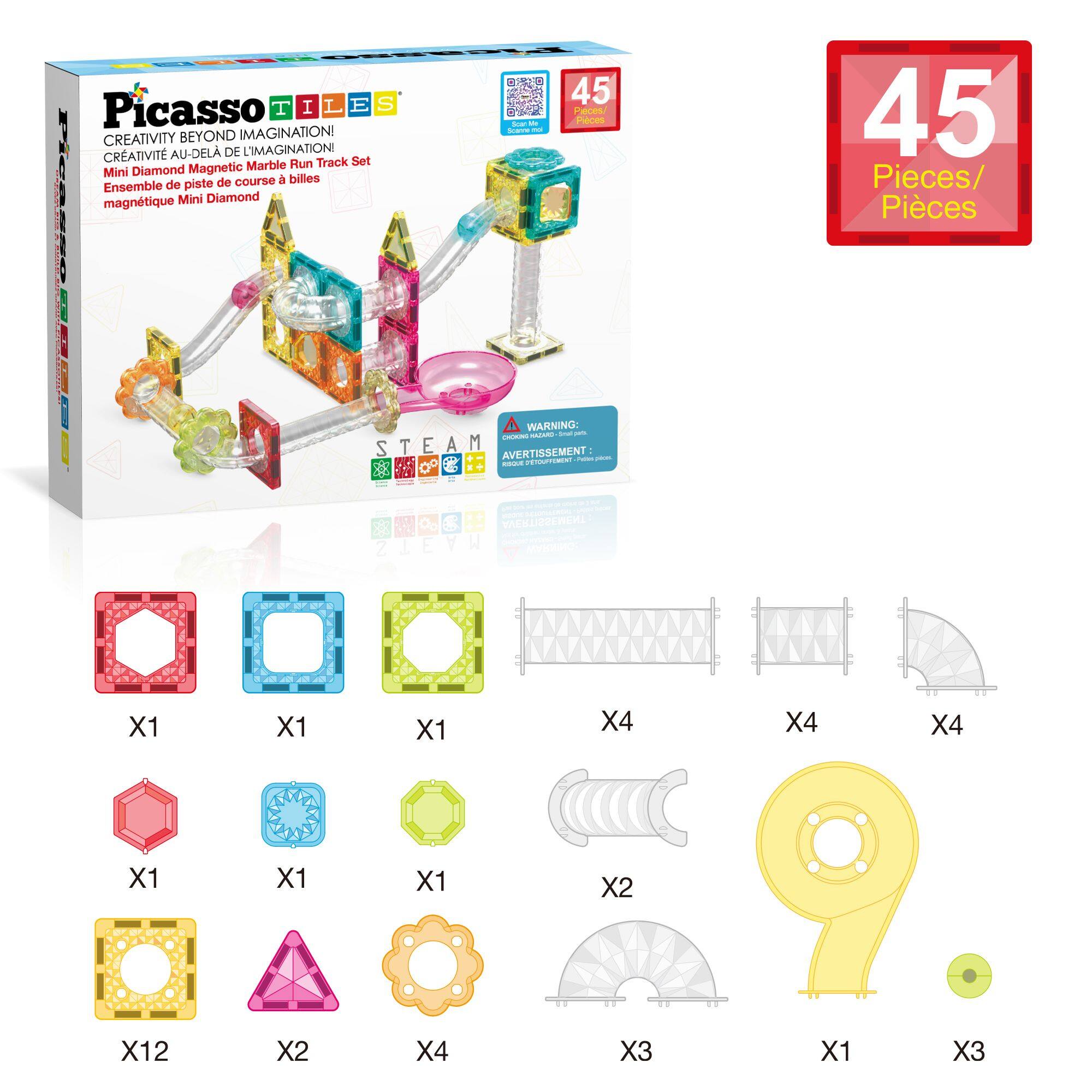 Picasso TILES CREATIVITY BEYOND IMAGINATION CRATIVIT AU-DELA DE L'IMAGINATION! Marble Run Track Set Mini Diamond de course  billes Ensemble de piste magntique Mini Diamond -ar - - - 45 PROES Pieces 45 Pieces/ Pices WARNING: -- - - CLR STEAM 2 T E A M - AVERTISSEMENT: - -   - Z   VAEKUZENCHL WEHL k ee X1 X1 X1 X4 X4 X4 X1 X1 X1 X2 X12 X2 X4 X3 X1 X3