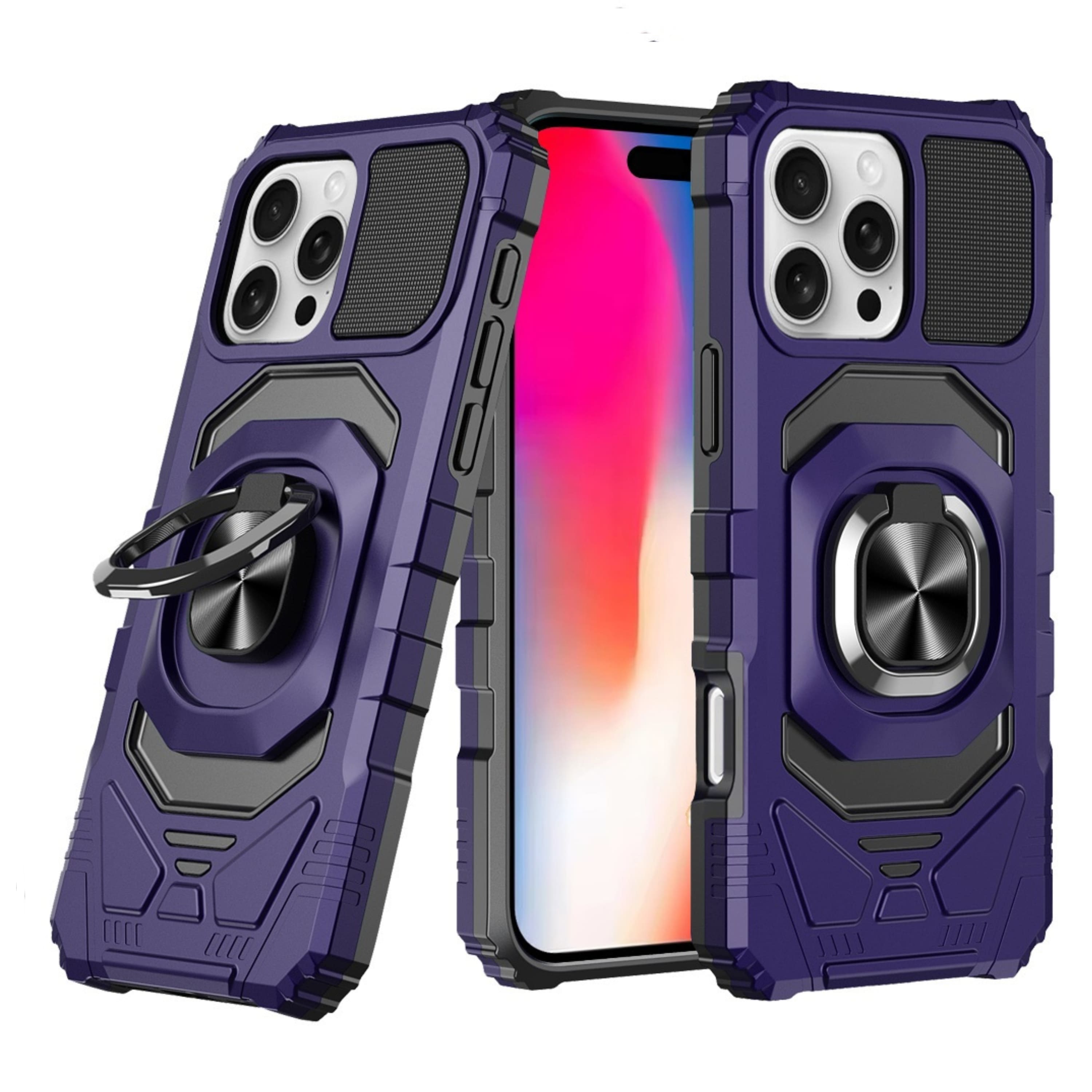Kitcheniva - Dual Layer Magnetic Ring Stand Rugged Phone Case With Tempered Glass For iPhone 16 Pro 6.3 Inch Dark - Purple