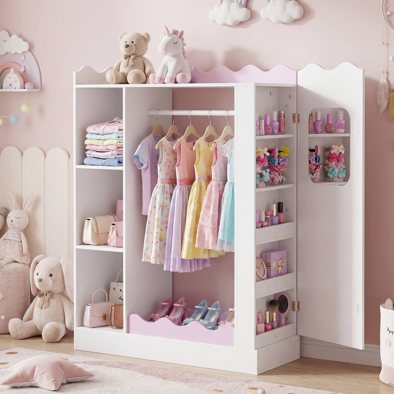 Alt View 1. Costway - Costway Kids Dress Up Storage with Mirrors, Children Wardrobe Closet with Open Hanging Rack - Pink.