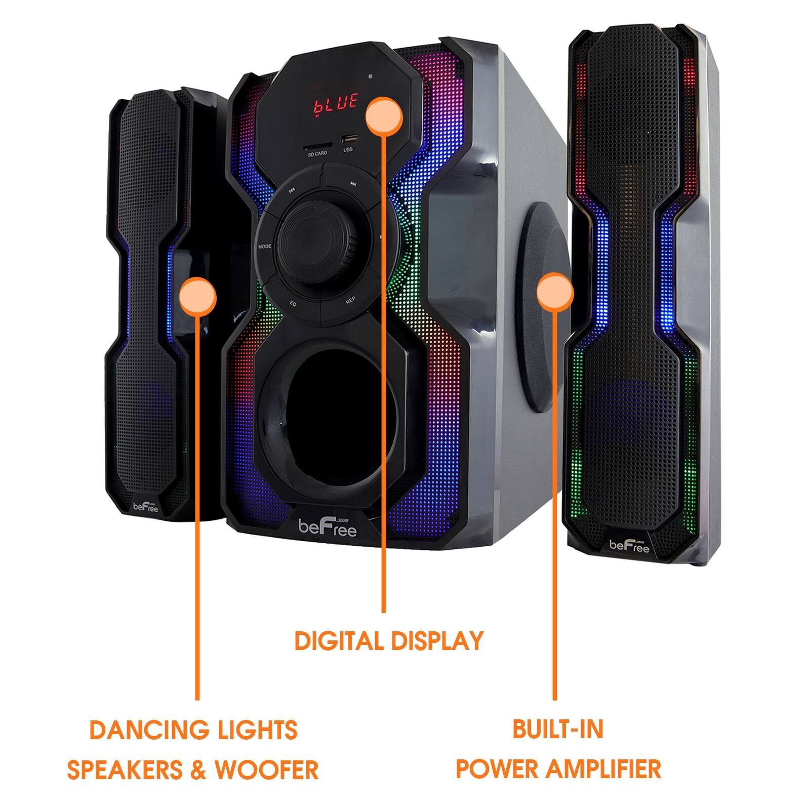 DIGITAL DISPLAY, DANCING LIGHTS, SPEAKERS & WOOFER, BUILT-IN POWER AMPLIFIER