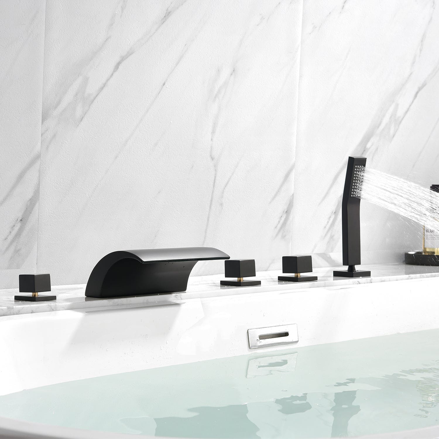 Boyel Living - Black Cold and Hot Water Five Hole Installation Waterfall Bath Tub Faucet with Handheld Shower - Matte Black