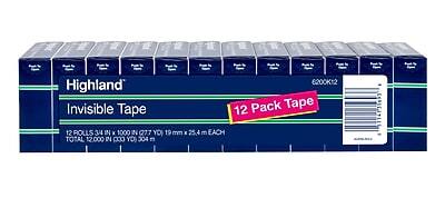 Highland Invisible Tape
12 Pack Tape
12 Rolls
344 in x 1000 in (77 yd)
19 mm x 25.4 m each
Total: 12,000 in (304 m)