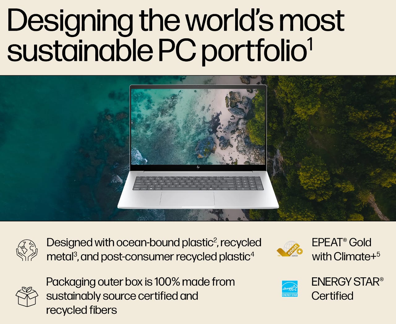 Designing the world's most sustainable PC portfolio¹
- Designed with ocean-bound plastic², recycled metal³, and post-consumer recycled plastic⁴
- Packaging outer box is 100% made from sustainably sourced certified and recycled fibers
- EPEAT® Gold with Climate+⁵
- ENERGY STAR® Certified