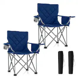 Gymax - 2PCS Oversized Camping Chairs Heavy Duty Outdoor Folding Chair w/Cooler Pouch - Navy