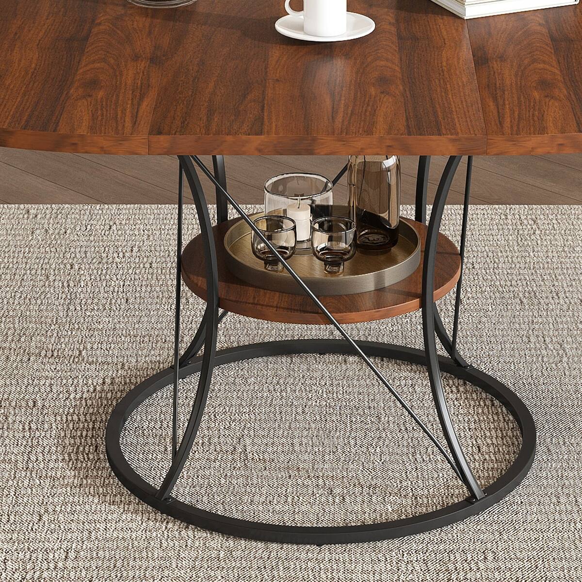 Alt View 3. Loheer - Loheer 43 to 59 inch Extendable Round Dining Table, Walnut Veneer, Black Metal Base - Brown and black.
