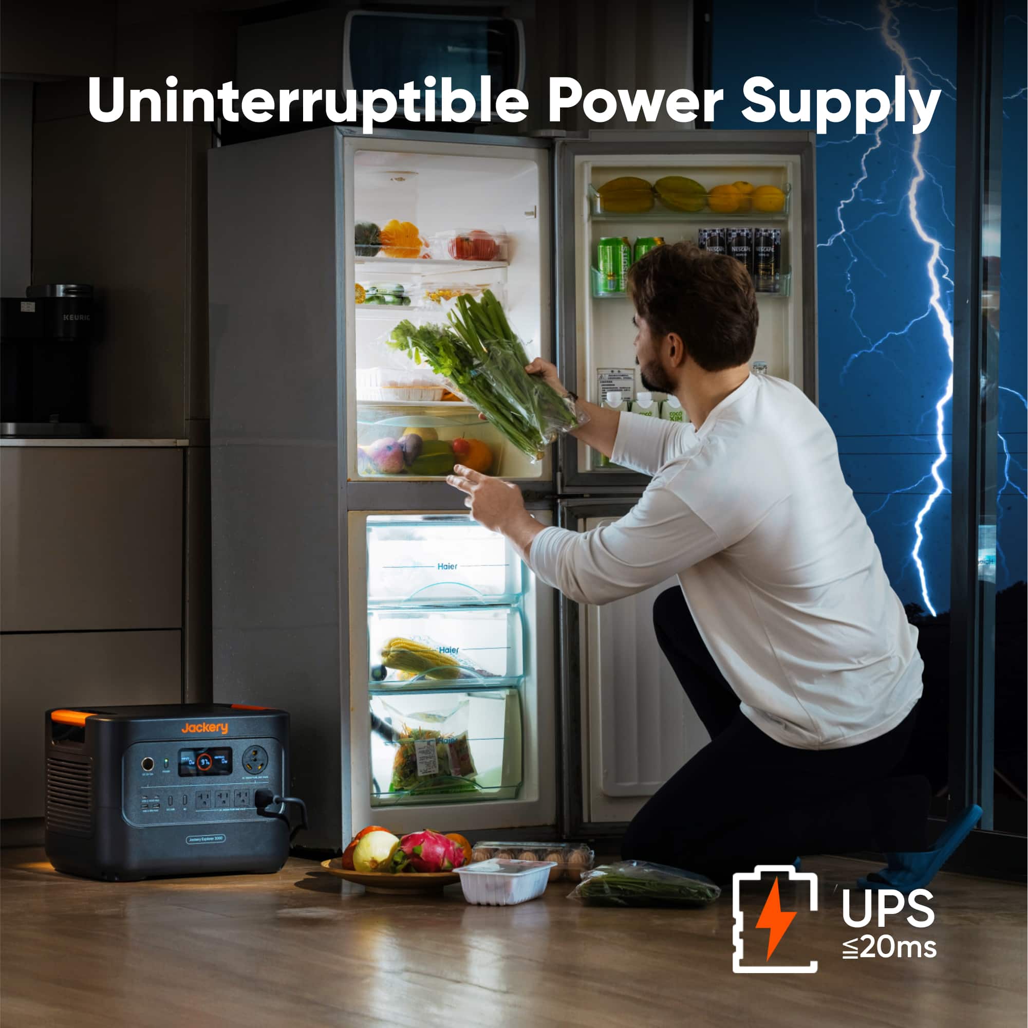 Uninterruptible Power Supply (UPS) is a device that provides continuous power to a load when the input power source is unavailable, unstable, or inadequate. It is designed to maintain a constant voltage and current to the connected equipment, ensuring that the equipment remains operational during power outages or fluctuations.
There are different types of UPS systems available, including:
1. Offline UPS: This type of UPS uses a battery to provide backup power when the main power source is unavailable. The battery is typically rechargeable and can be used to supply power for a limited time.
2. Online UPS: This type of UPS is connected to the main power source and the battery simultaneously. It provides continuous power to the connected equipment, and the battery is only used when the main power source fails.
3. Line-Interactive UPS: This type of UPS combines the features of both offline and online UPS systems. It has a battery that is connected to the main power source and the load, and it also has a voltage regulation system to maintain a stable voltage.
4. Rotary UPS: This type of UPS uses a rotating flywheel to store energy, which is then used to provide power when the main power source is unavailable.
In the image, a man is kneeling in front of an open refrigerator, which is filled with various food items. The refrigerator is an example of a device that requires a stable and continuous power source to maintain its operation. A UPS system can be used to ensure that the refrigerator remains operational during power outages or fluctuations, preserving the food items inside.