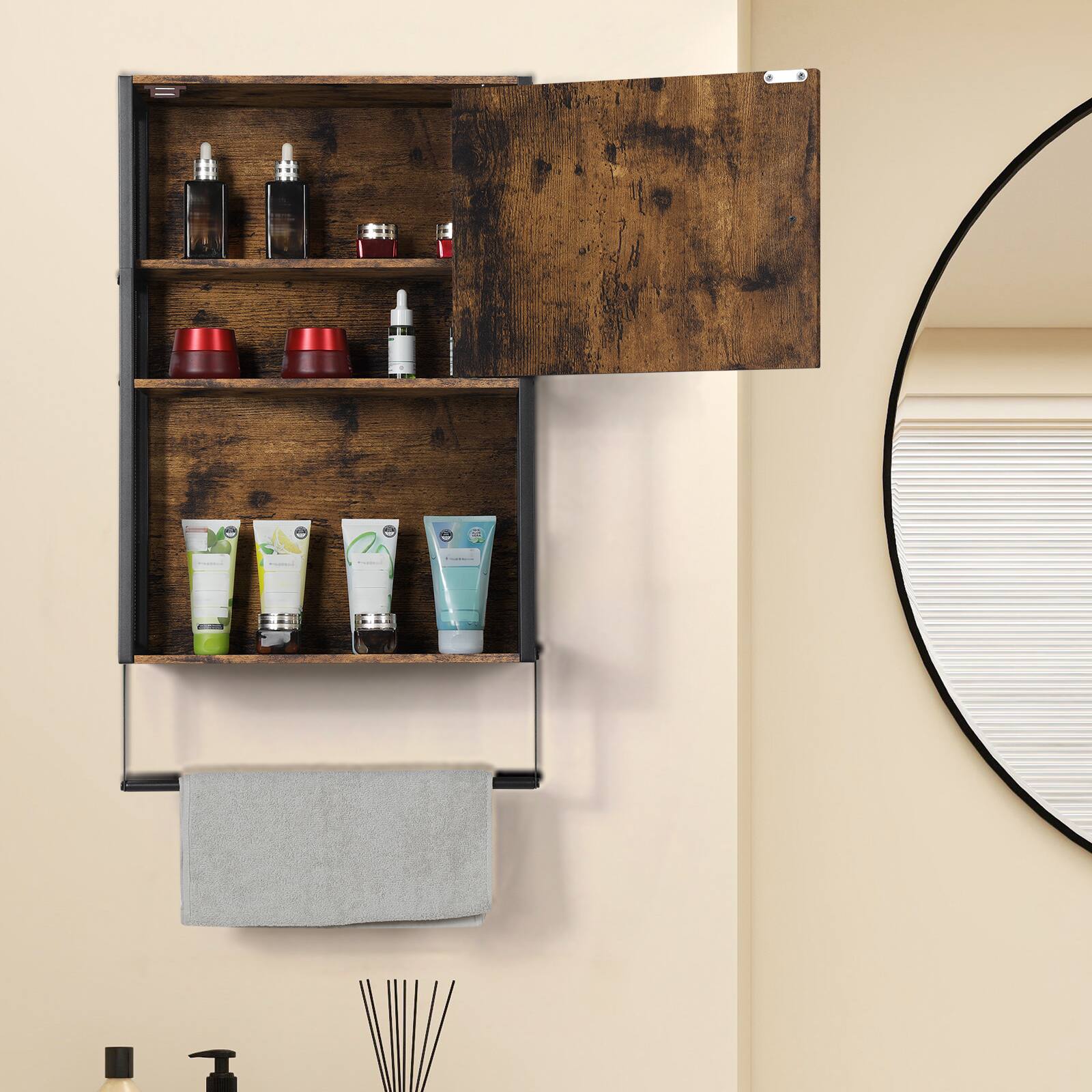 Angle. Oumilen - Wall-Mounted Bathroom Cabinet with Towel Bar, Rustic Brown - Brown.