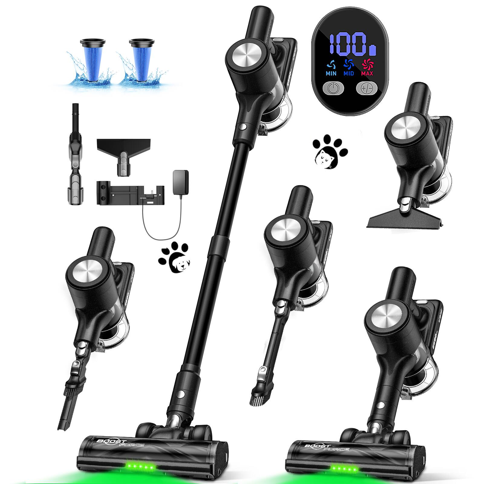 Boost Force - 500W Handheld Vacuums with LED Display, Energy Saving, Low Noise, Lightweight & Effortless - Black