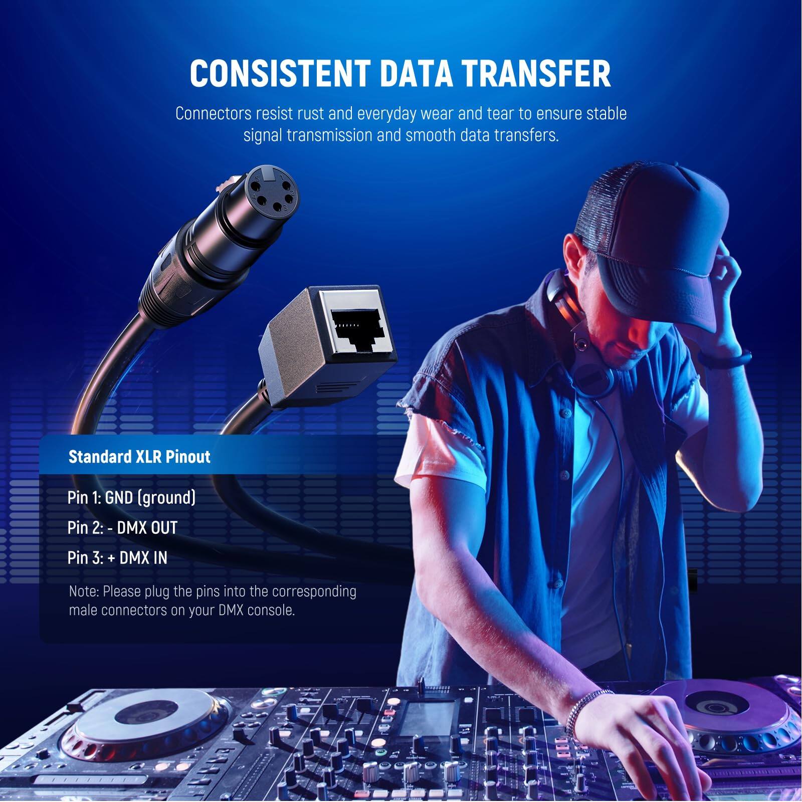 CONSISTENT DATA TRANSFER

Connectors resist rust and everyday wear and tear to ensure stable signal transmission and smooth data transfers.

Standard XLR Pinout
- Pin 1: GND (ground)
- Pin 2: DMX OUT
- Pin 3: + DMX IN

Note: Please plug the pins into the corresponding male connectors on your DMX console.