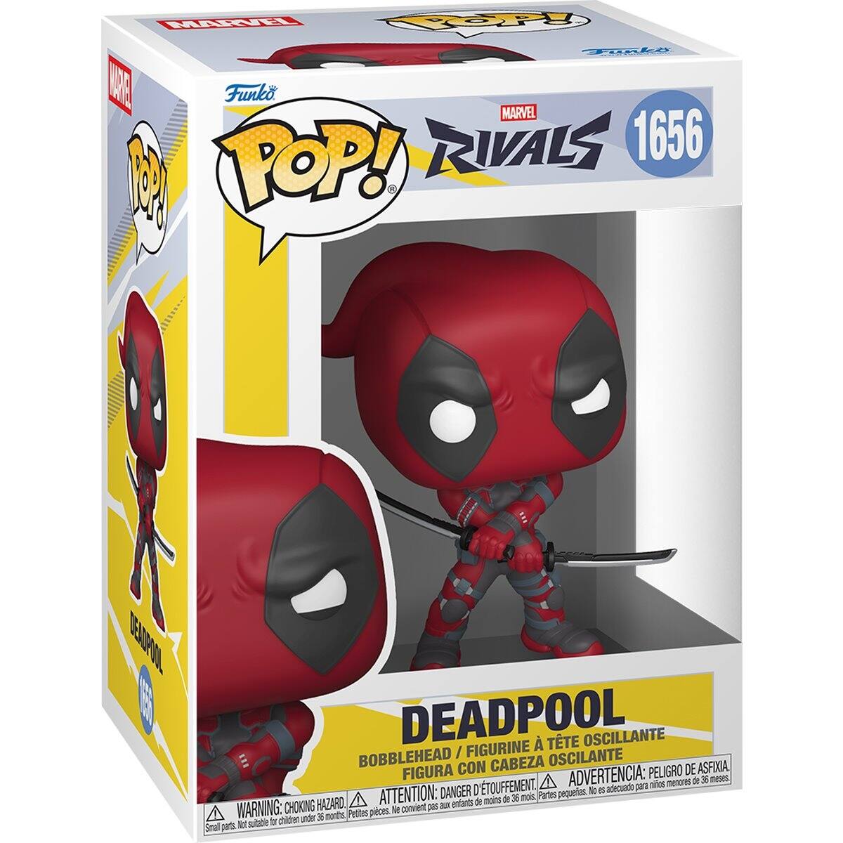 MARVEL POP! Funko MARVEL RIVALS 1656 POP!  
DEADPOOL FIGURINE TTE OSCILLANTE BOBBLEHEAD CON CABEZA OSCILANTE ASFIXIA, FIGURA ADVERTENCIA: PELIGRO DE ASFIXIA, D'TOUFFEMENT, ATTENTION: DANGER pequerias. No 85 adecuado moins de 36 mois, Partes HAZARD, aux enfants de WARNING: CHOKING HAZARD, Small parts. Not suitable for children under 36 months.