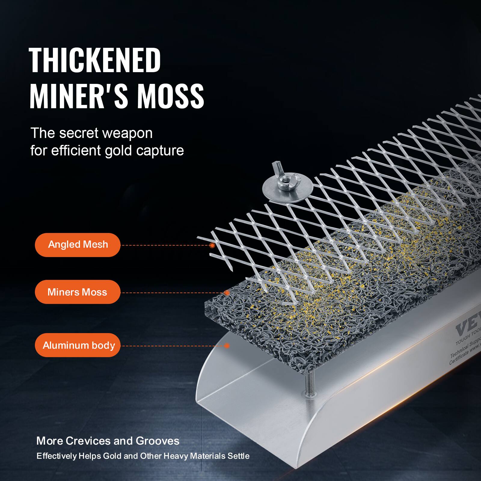 THICKENED MINER'S MOSS  
The secret weapon for efficient gold capture  

Angled Mesh  
Miners Moss  
Aluminum body  

More Crevices and Grooves  
Effectively Helps Gold and Other Heavy Materials Settle