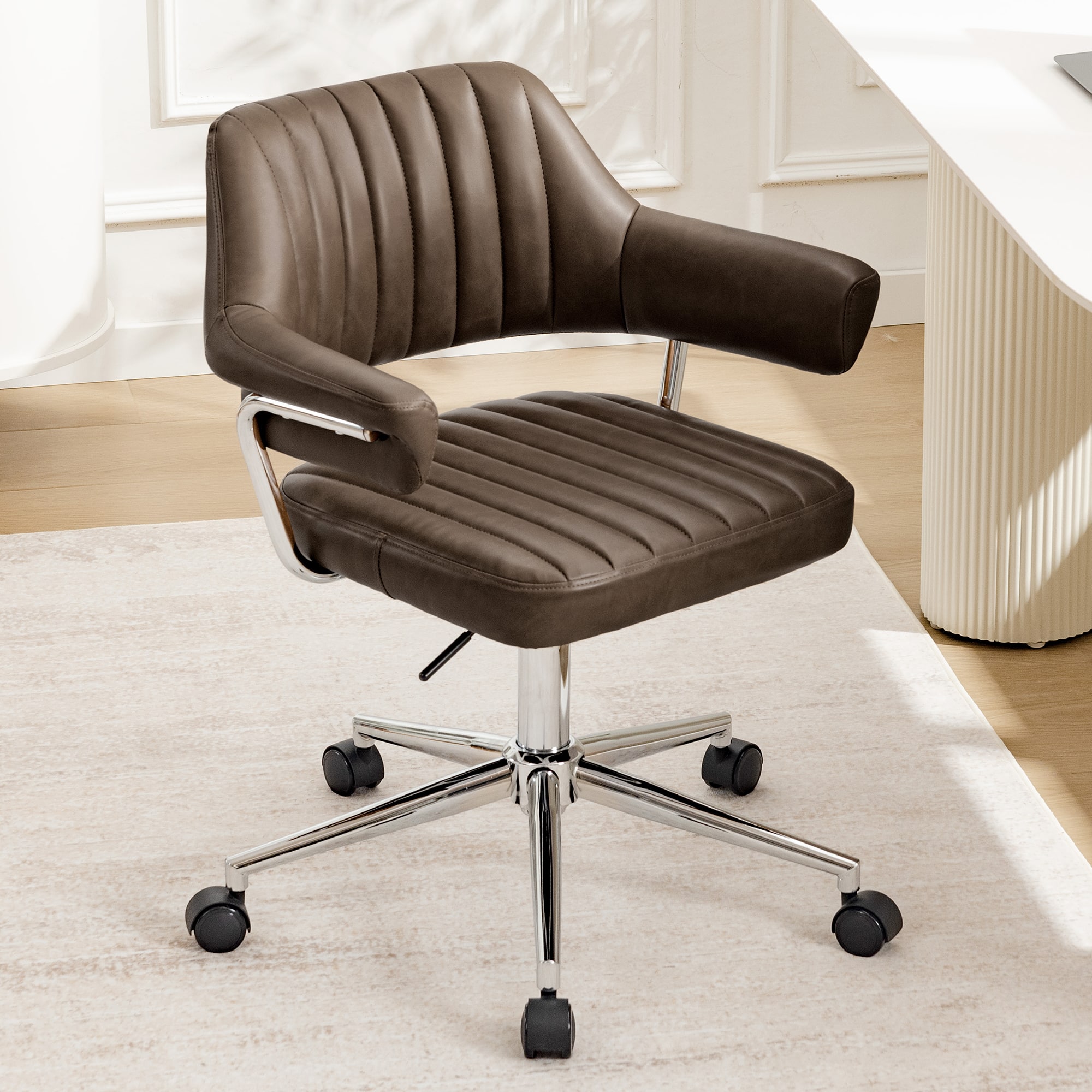 KERDOM - Swivel Upholstery Vanity Chair with Arms, Adjustable Height Desk Chair for Home Office Study Makeup Dresser, PU Leather - Coffee-1PC