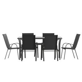 Emma + Oliver - Bartlett 7 Piece Outdoor Dining Set with Tempered Glass Top Patio Table and 6 Flex Comfort Textilene Stacking Chairs - Black