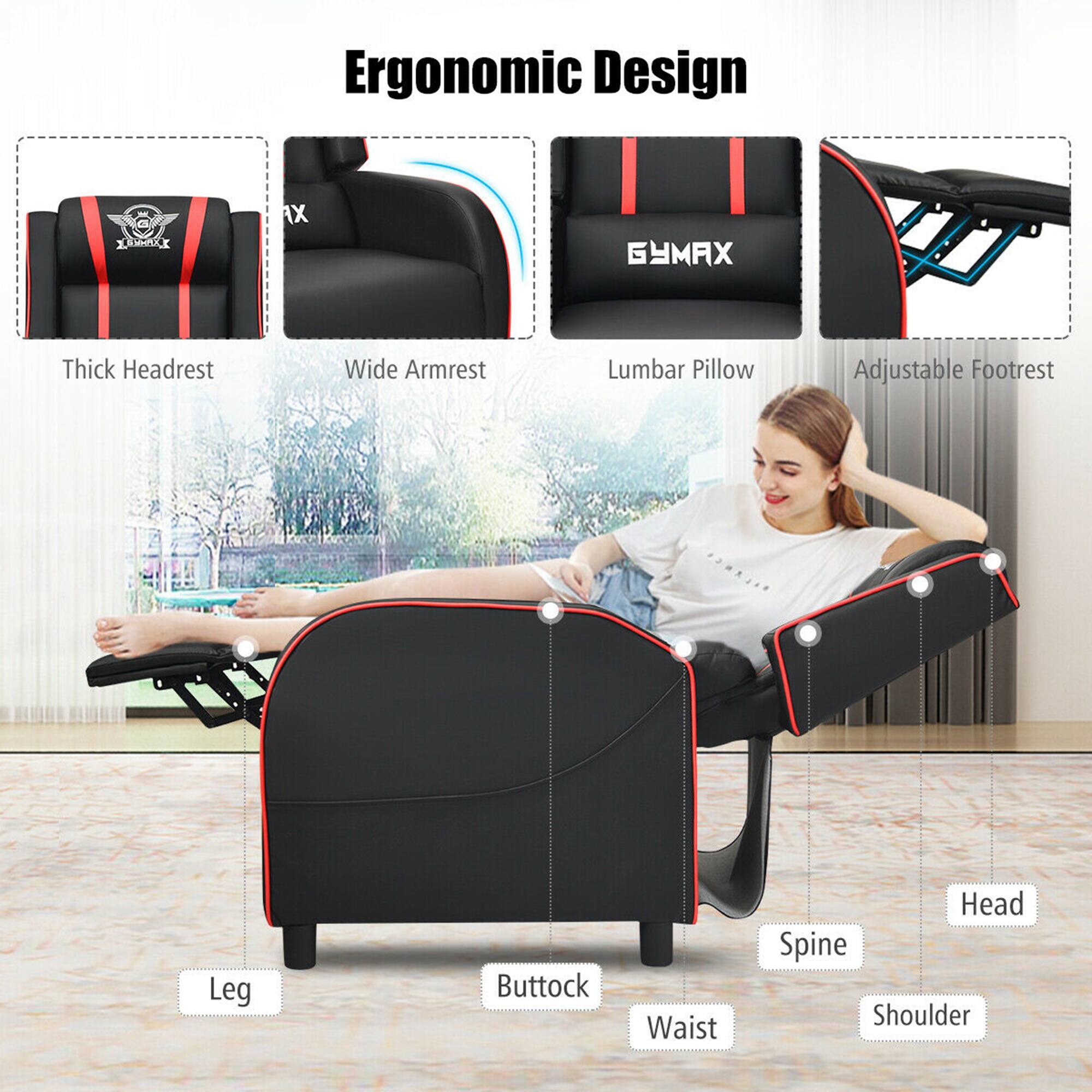 Ergonomic Design

- Thick Headrest
- Wide Armrest
- Lumbar Pillow
- Adjustable Footrest

- Leg
- Buttock
- Waist
- Spine
- Shoulder
- Head