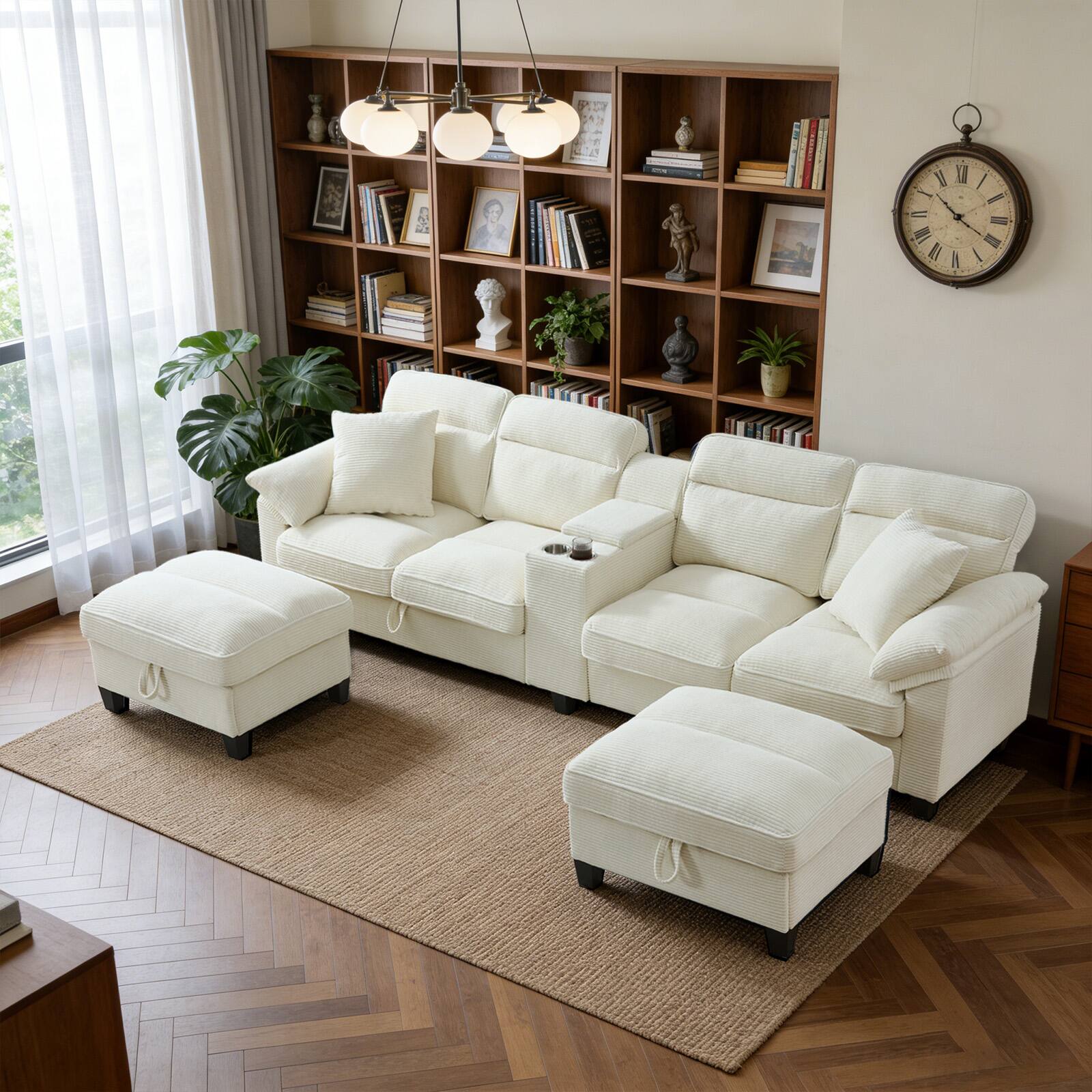 Angle. Electra Tech Xpress - Sectional Couches for Living Room with 2 Cup Holders,Corduroy Modular Sectional Sofa with Movable and Storable Ottoman - BEIGE WHITE.