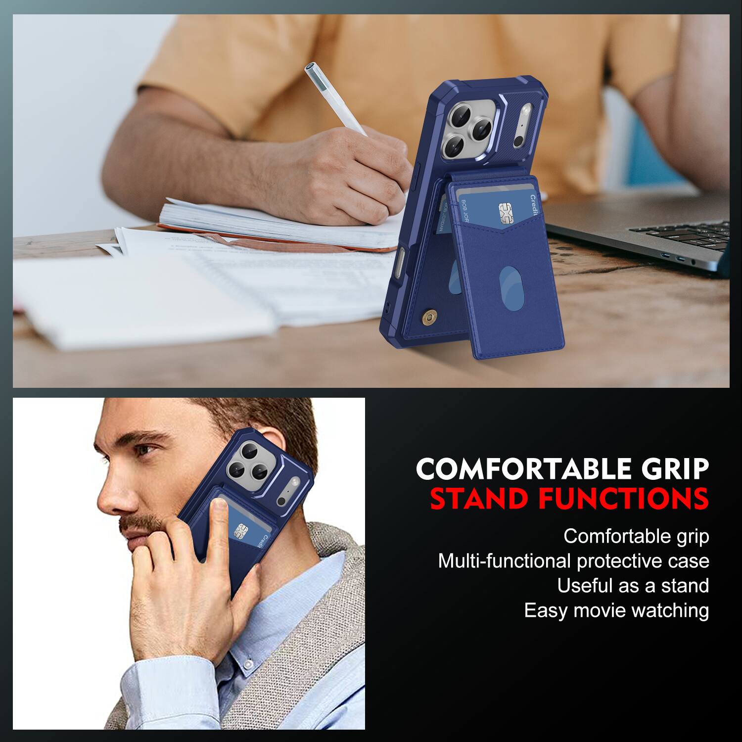 1. COMFORTABLE GRIP STAND FUNCTIONS
   - Comfortable grip
   - Multi-functional protective case
   - Useful as a stand
   - Easy movie watching