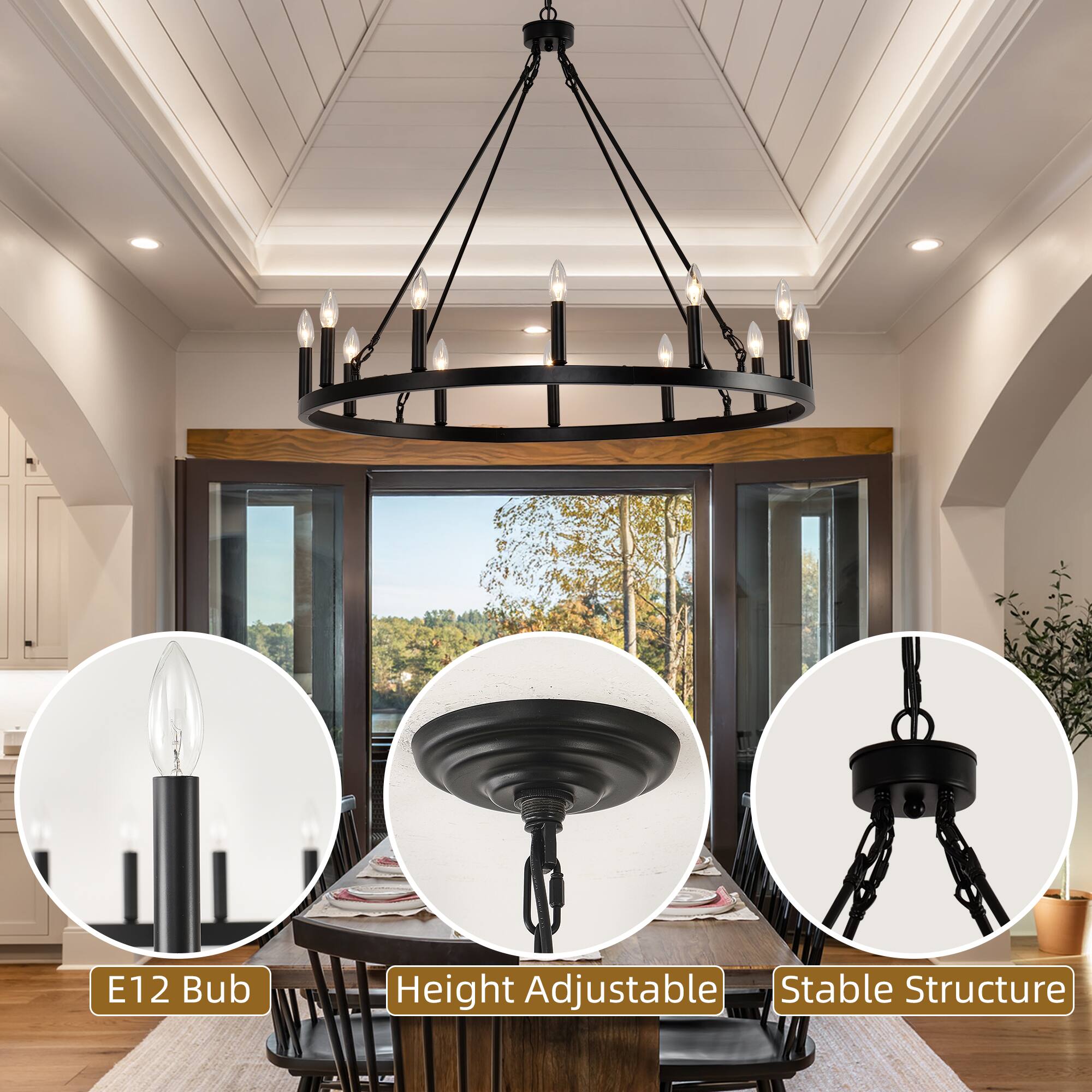 Alt View 3. RYHNUYNE - Wagon Wheel Chandelier 12 Light 31" Black Farmhouse Chandelier for Dining Room Rustic Country Pendant Light Fixtures - Black.
