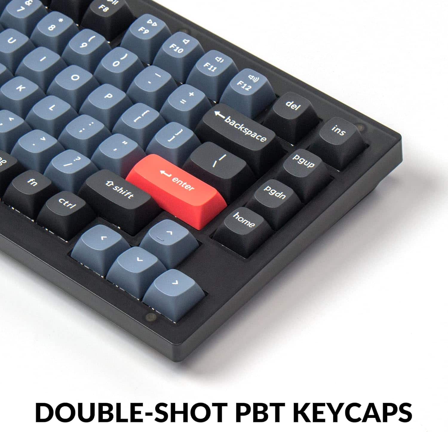 The image features a close-up of a keyboard with a red key in the center. The keyboard has a double-shot PBT keycaps design, which adds a unique and visually appealing touch to the device. The image also includes a description of the keyboard, stating that it is a double-shot PBT keycaps keyboard, which is a type of keyboard with a distinctive appearance and feel.