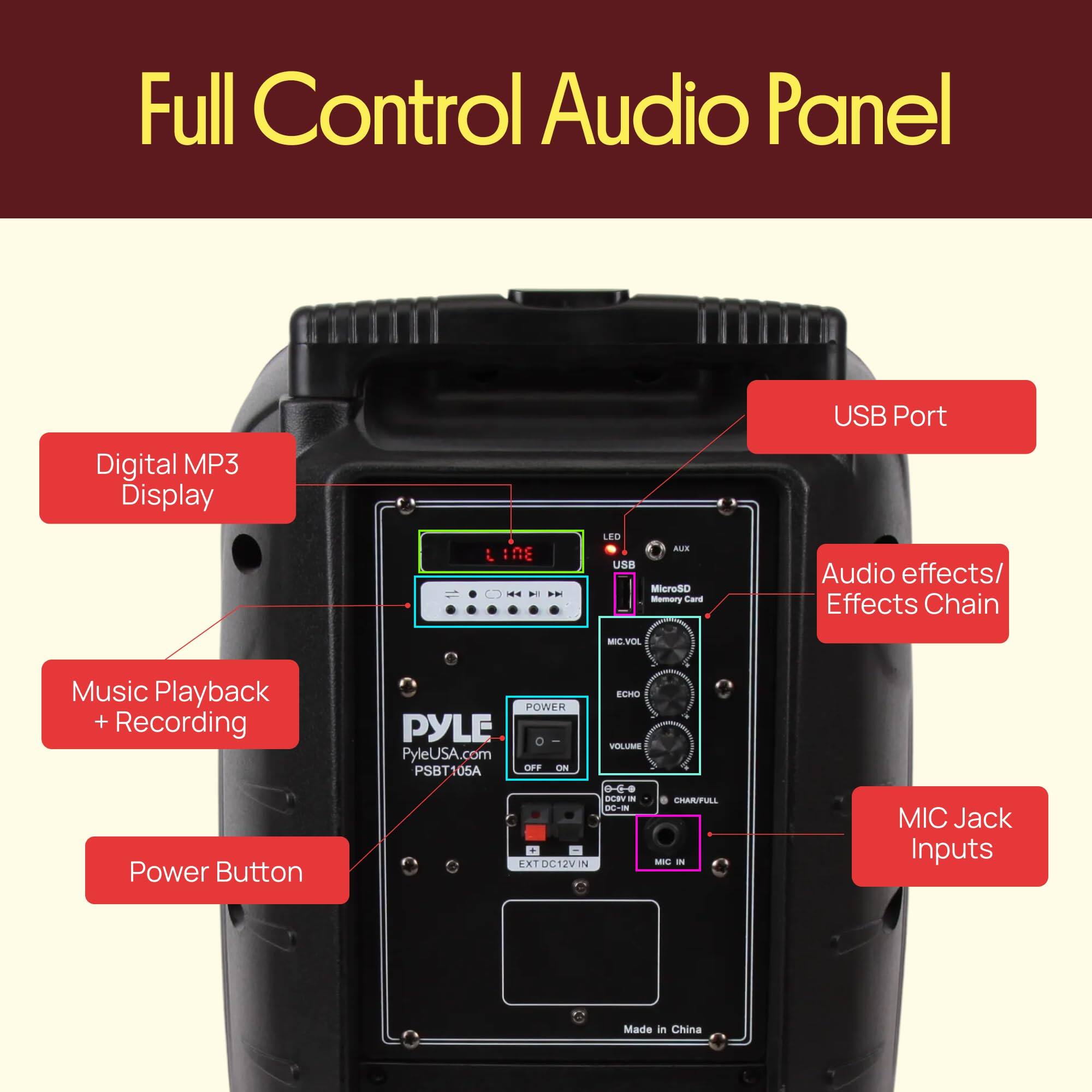 Full Control Audio Panel  
USB Port  
Digital MP3 Display  
Music Playback + Recording  
Power Button  
Audio effects/ Effects Chain  
MIC Jack Inputs  

PYLE  
PyleUSA.com  
PSBT105A  
Made in China