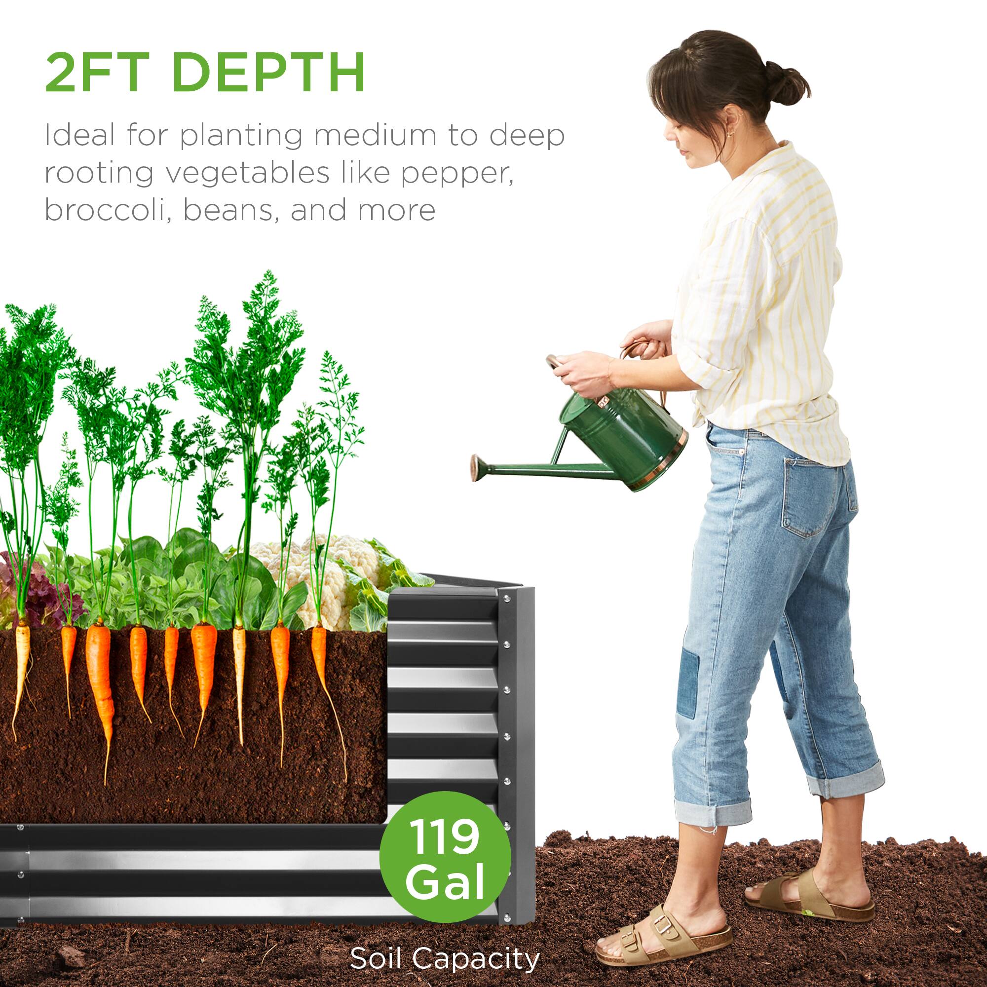 2FT DEPTH  
Ideal for planting medium to deep rooting vegetables like pepper, broccoli, beans, and more  

119 Gal  
Soil Capacity