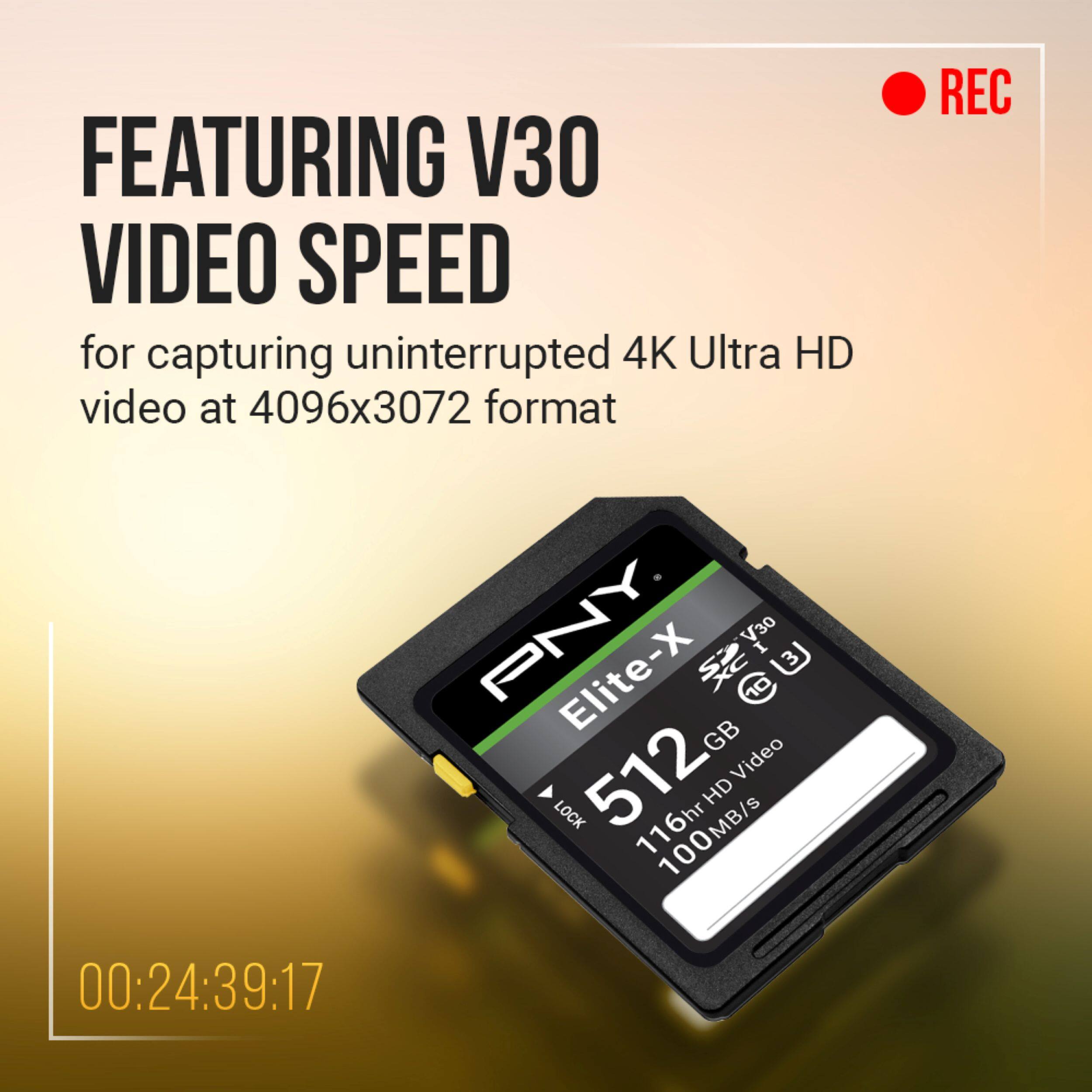 FEATURING V30 VIDEO SPEED for capturing uninterrupted 4K Ultra HD video at 4096x3072 format

PNY OEV Elite-X 512GB Video LOCK 116hr 100MB/s HD

00:24:39:17

REC