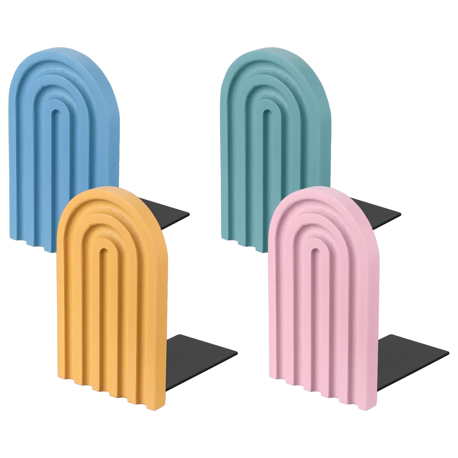 Unique Bargains - 4pcs Boho Arch Bookends, Non-Skid Wood Book Ends Rainbow Wooden, for Shelves Book Stopper Stand, for Home Library Decor - Yellow/Pink/Sky Blue/Light Blue