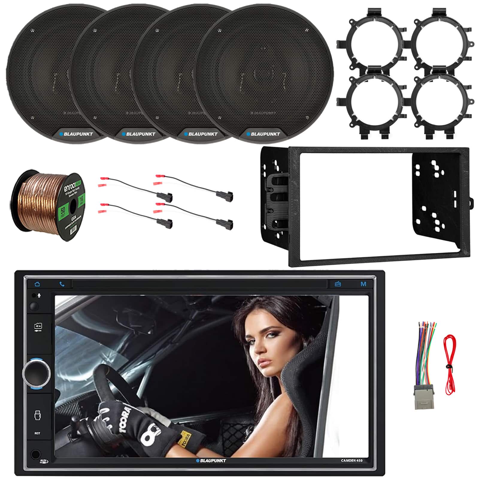 Blaupunkt - CAMDEN 450 7” Touchscreen BT Radio, 4x 6" Speakers, Harness, Adapters, Wire, Install Kit (95-2009 GM Vehicles)