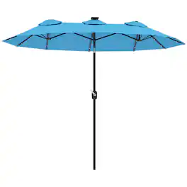 Outsunny - Double Sided Patio Umbrella, 9.7' Large Outdoor Market Umbrella with LED Solar Light, Tilt and Crank, 3 Air Vents - Light Blue