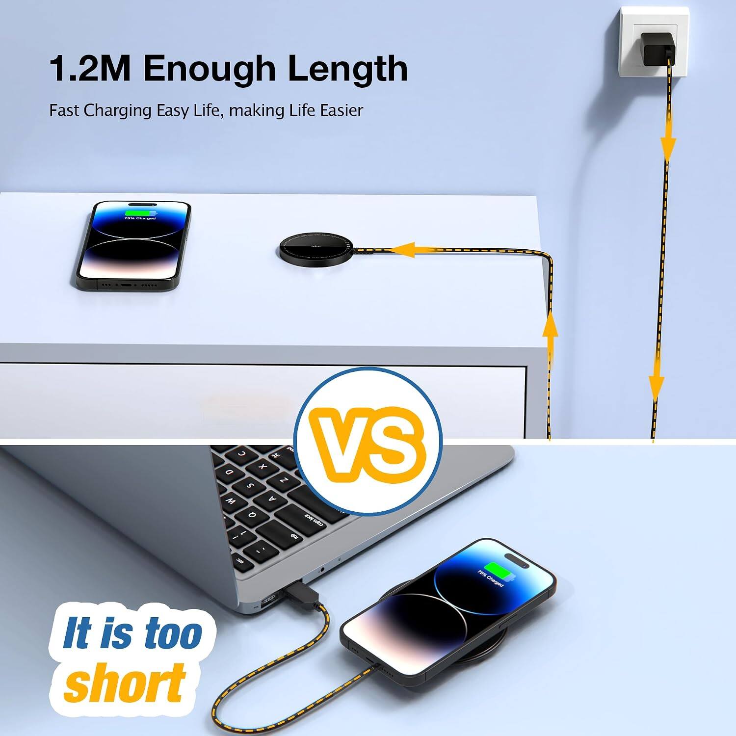 1.2M Enough Length  
Fast Charging Easy Life, making Life Easier

VS

It is too short