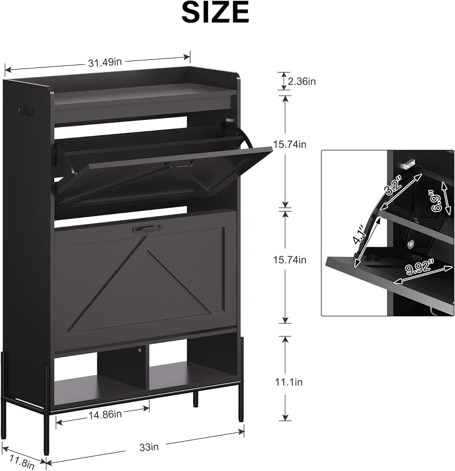Sure, here is the corrected and grouped text from the image:

- **Width:** 31.49 in
- **Depth:** 15.74 in
- **Height:** 11.1 in
- **Shelf Height:** 15.74 in
- **Shelf Width:** 14.86 in
- **Shelf Depth:** 11.8 in
- **Overall Depth:** 33 in
- **Top to Bottom:** 15.74 in
- **Top to Bottom (Including Handles):** 11.1 in
- **Handle Height:** 2.36 in
- **Handle Width:** 3.2 in
- **Handle Angle:** 6.9°
- **Handle Length:** 9.92 in