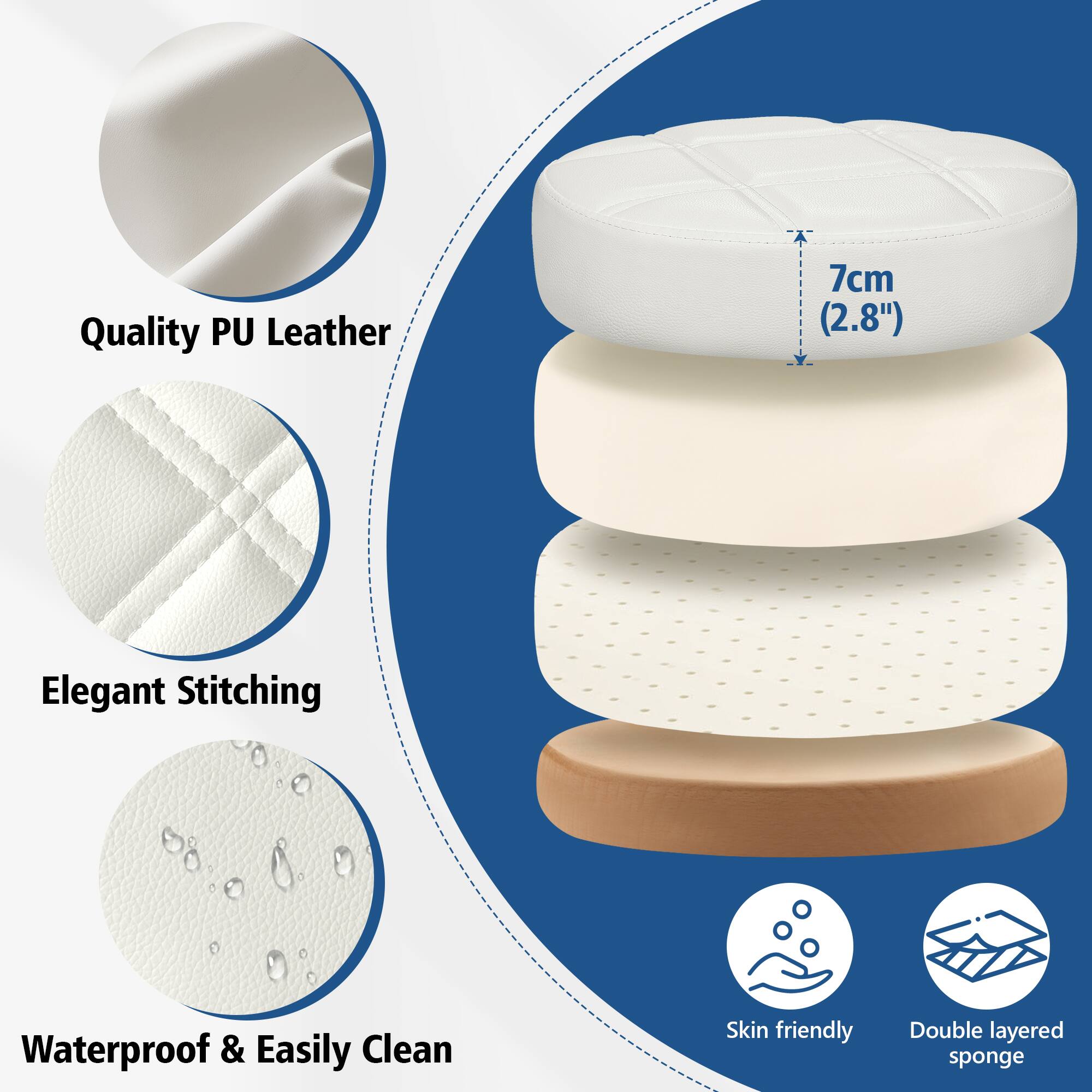 Left. KERDOM - Versatile Rolling Stool Adjustable Height PU Leather Swivel Small Office Chair without Back for Drawing Tattoo Salon Lab - White.