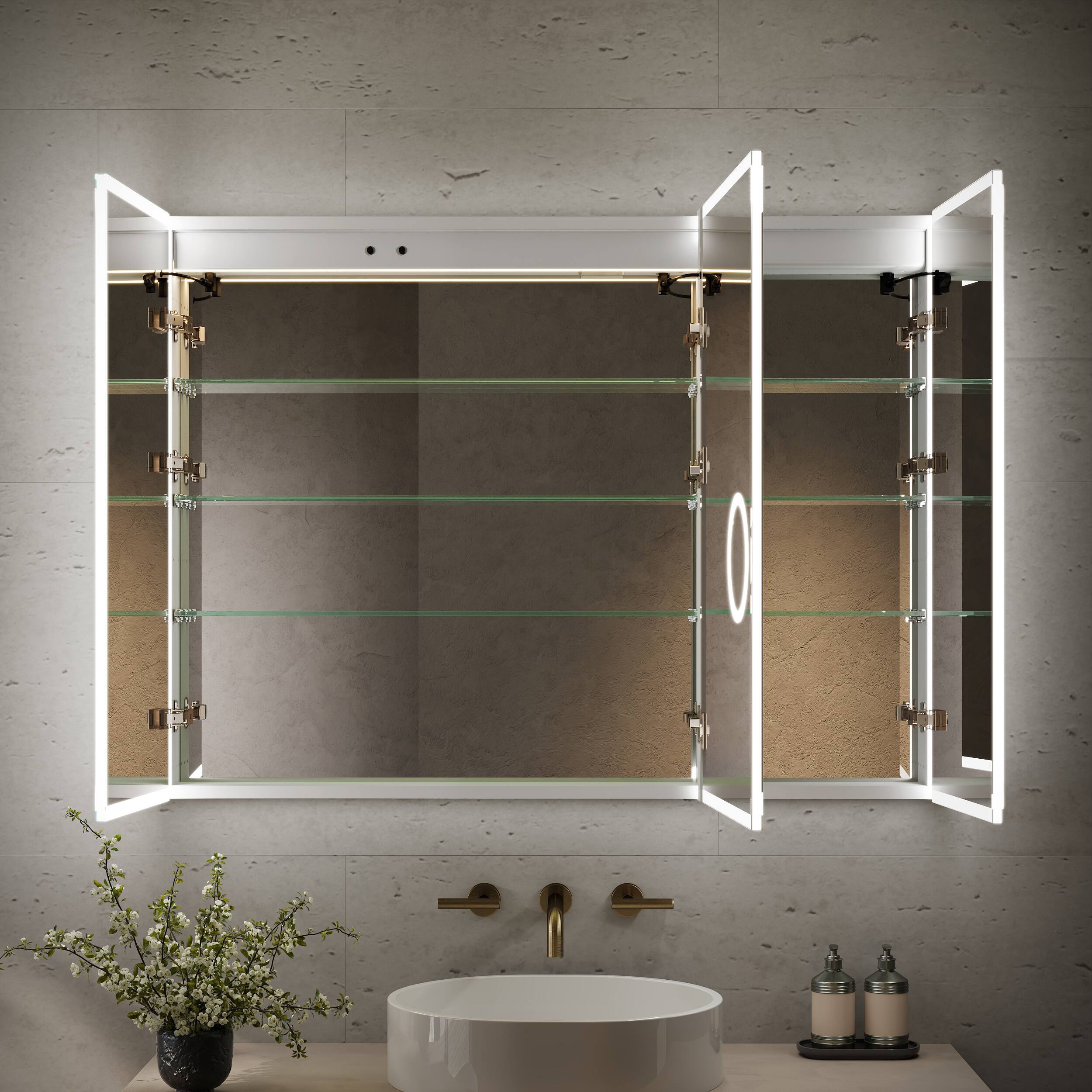 Back. WELLFOR - 48 in. W x 36 in. H Rectangular Aluminum LED Medicine Cabinet with Mirror, 3X Magnify, Soft Close, Electrical Outlet - Silver.