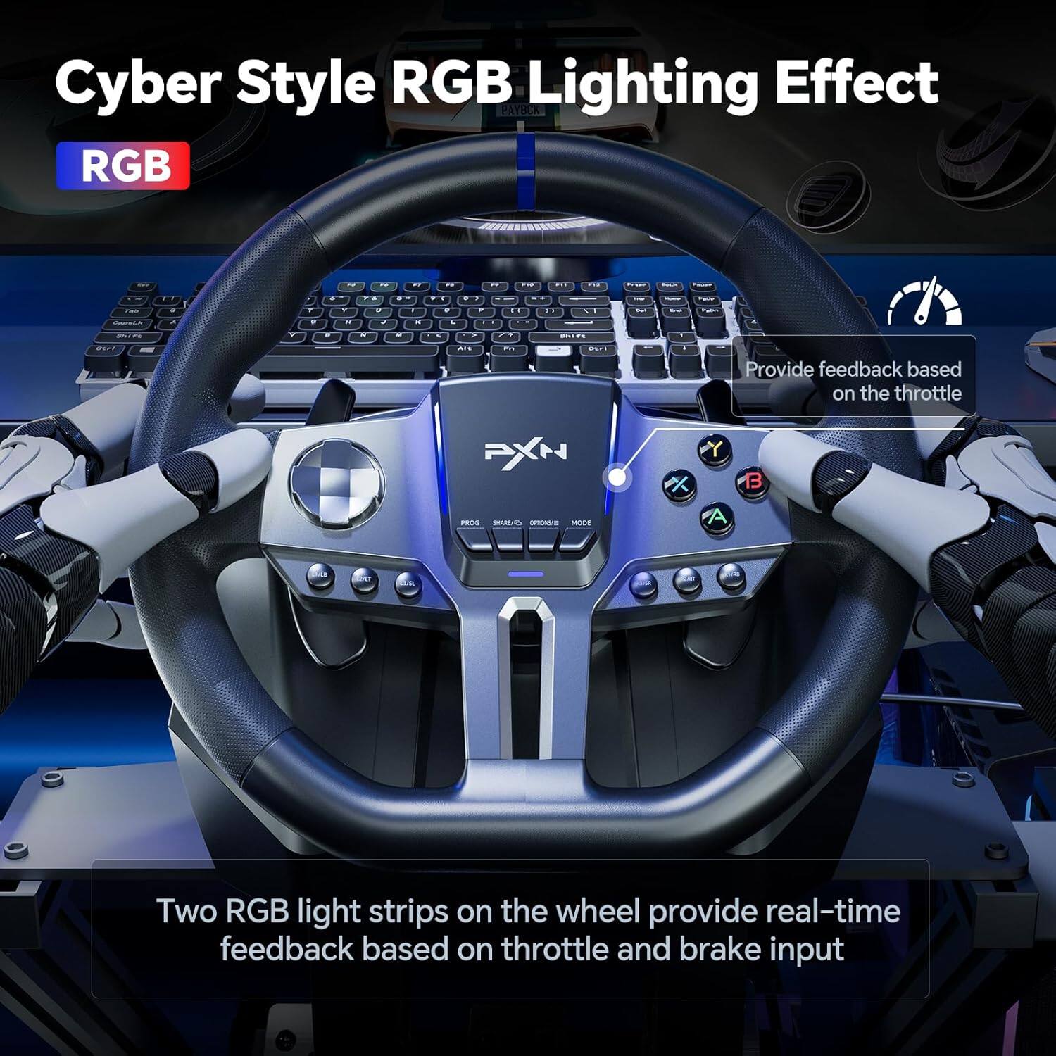 Cyber Style RGB Lighting Effect

RGB

Two RGB light strips on the wheel provide real-time feedback based on throttle and brake input

Provide feedback based on the throttle