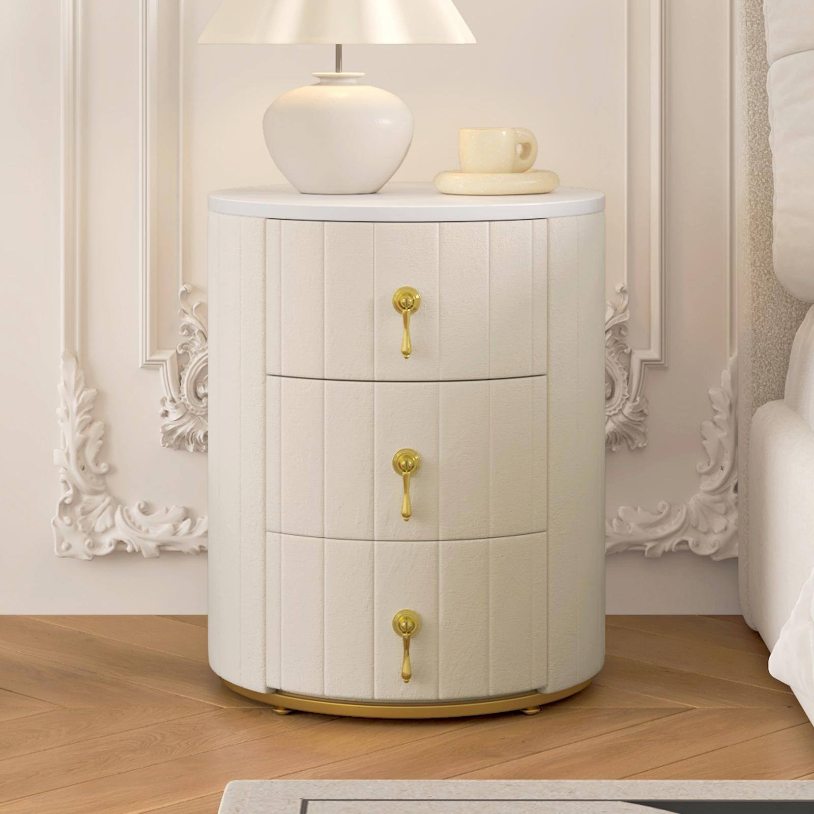 Alt View 1. Spaco - Spaco Upholstered Round Nightstand with 3 Drawers and Metal Handles, Marbling Sticker Top for Bedroom - Beige.