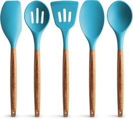 Zulay Kitchen - 5-Piece Non-Stick Cooking Utensils Set with Authentic Acacia Wood Handles - Blue