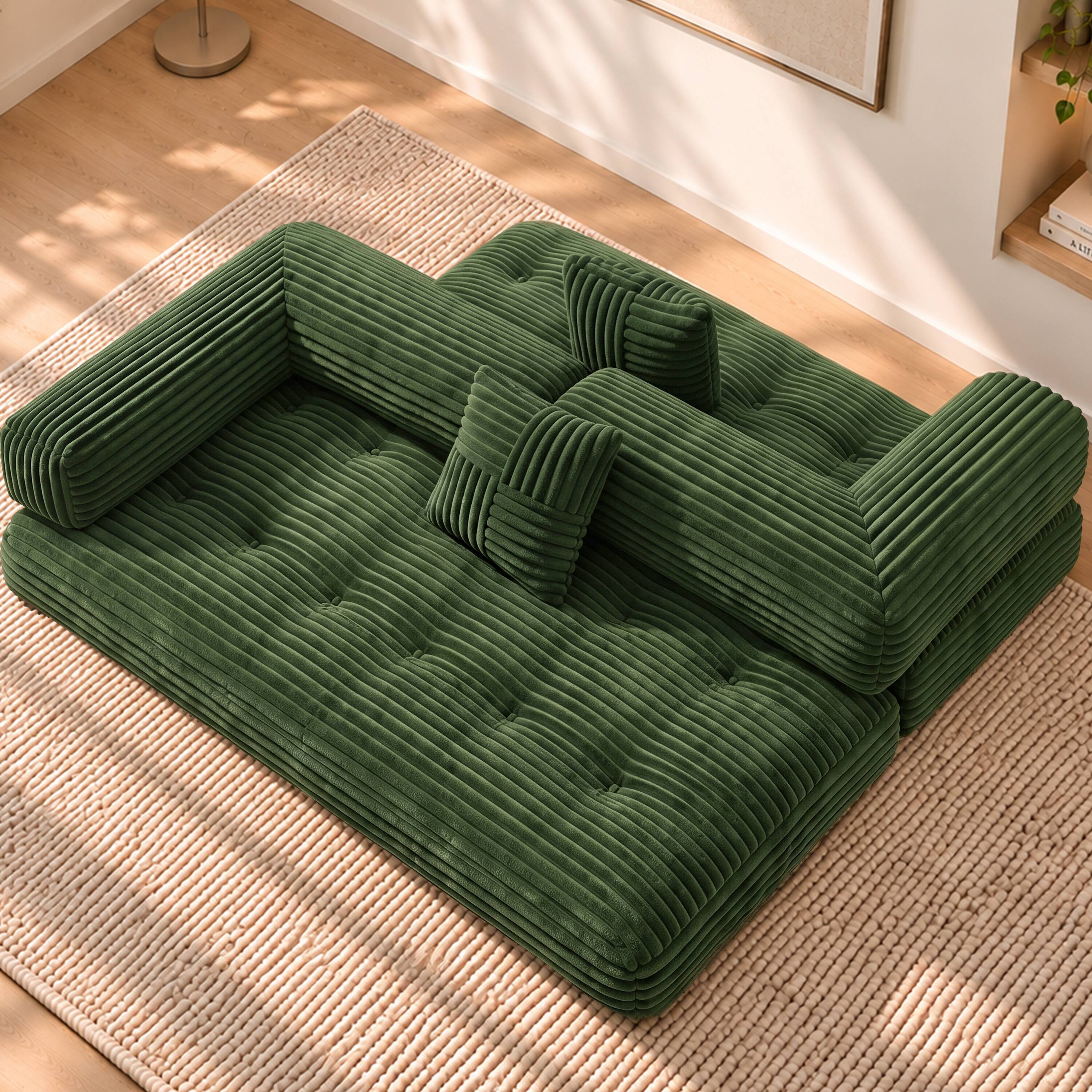 Alt View 1. Vipbear - 78.7" Folding Boneless Couch with Fixed-Shape Frame, Corduroy Floor Sofa Loveseat Sleeper - Green.