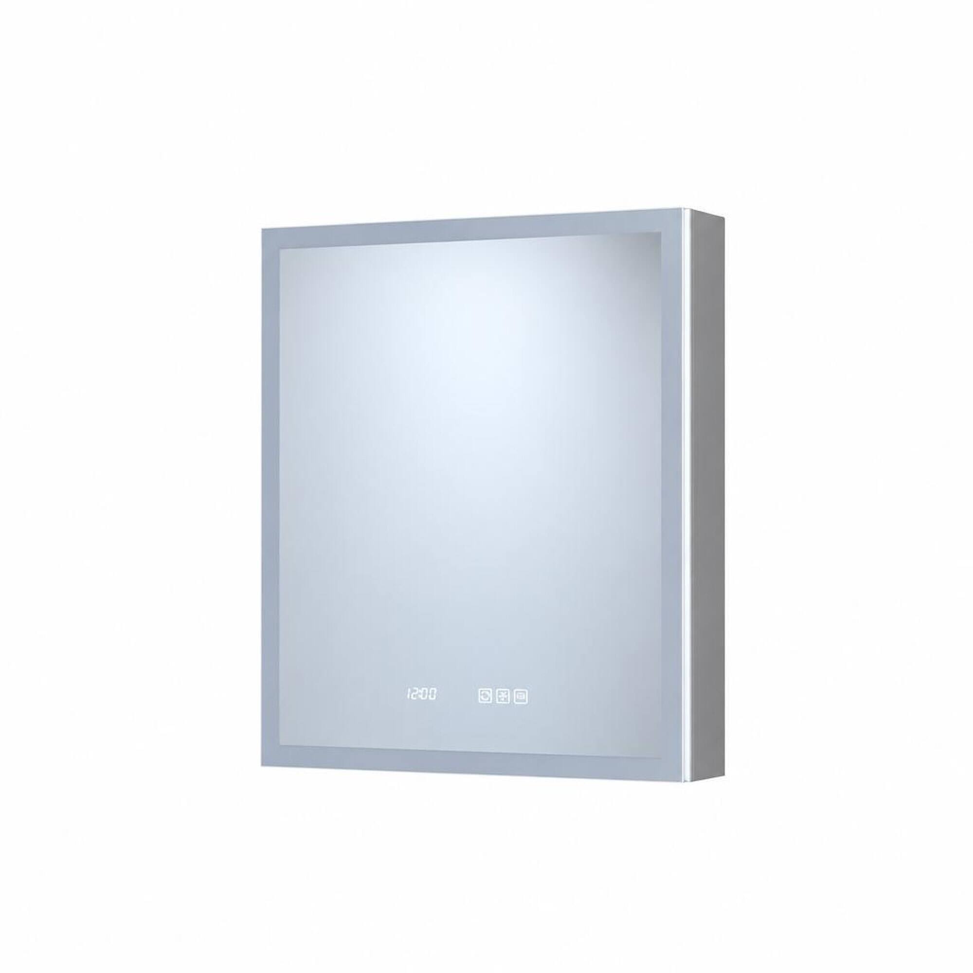 Front. RYHNUYNE - 24 in x 30 in Left-Hand, Aluminum Frame, LED Light and Clock, Recessed or Surface Mount - Silver.