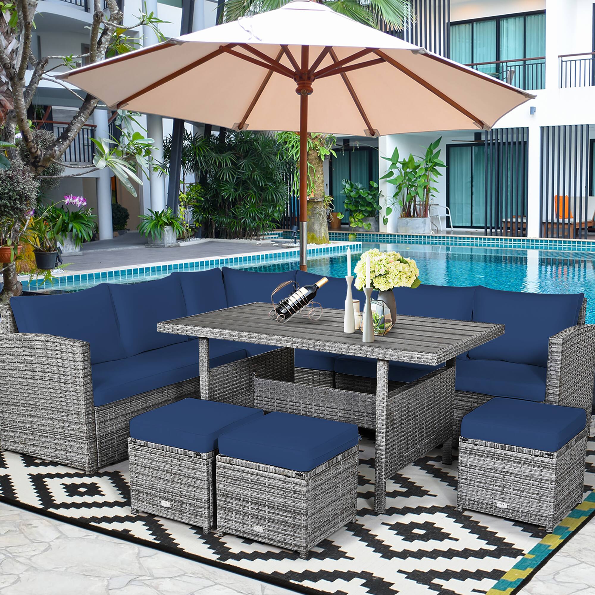 Alt View 1. Costway - 7 PCS Patio Rattan Dining Set Sectional Sofa Couch Ottoman - Navy.