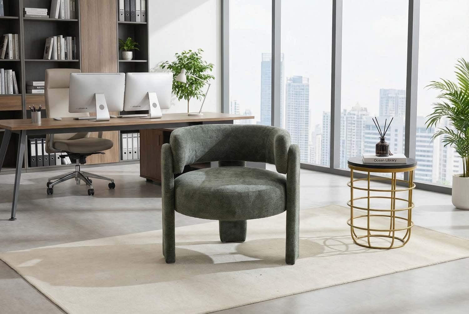 Forest'nSky - Modern Office Chair in Green Boucle Fabric - Contemporary Upholstered Armchair for Desk & Lounge - Antique Green